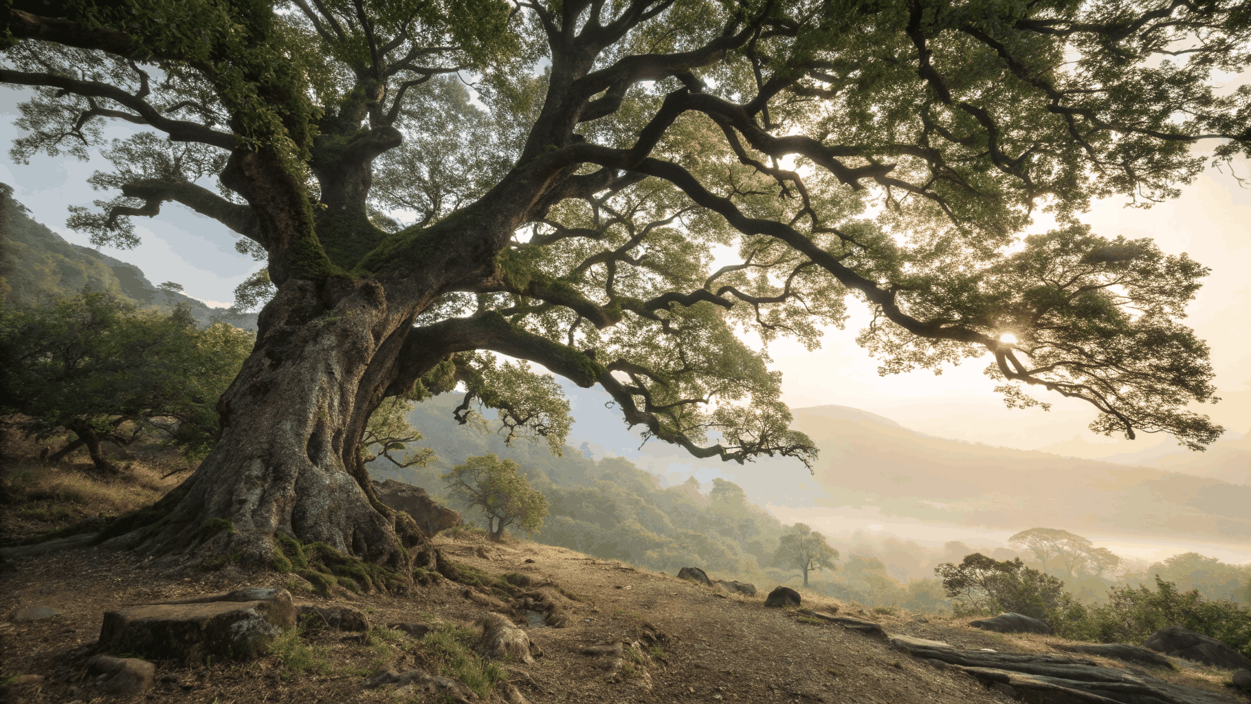 Lush green tree canopy with visible deep roots anchoring into vibrant soil and sunlight filtering through, symbolizing planetary stewardship